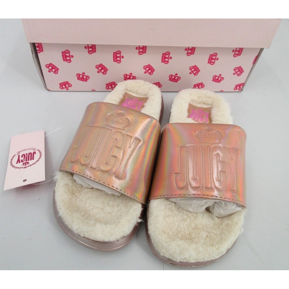 JUICY BY JUICY COUTURE TARZANA ROSE GOLD FUR LINED SLIDES Girl's Sz 1 NEW IN BOX